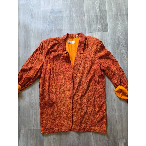 Ellen Tracy Womens Silk Long Blazer Size 14 Orange Leaf Pattern Dry Clean - Picture 3 of 8